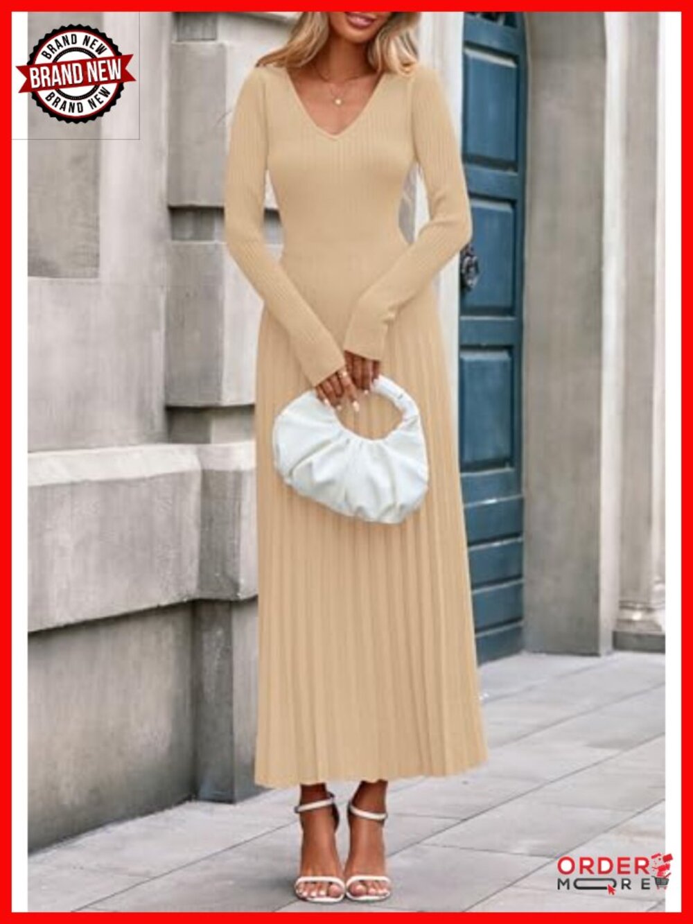 PRETTYGARDEN Sweater Dress Long Sleeve V-Neck Maxi Pleated Fit & Flare - Picture 3 of 6